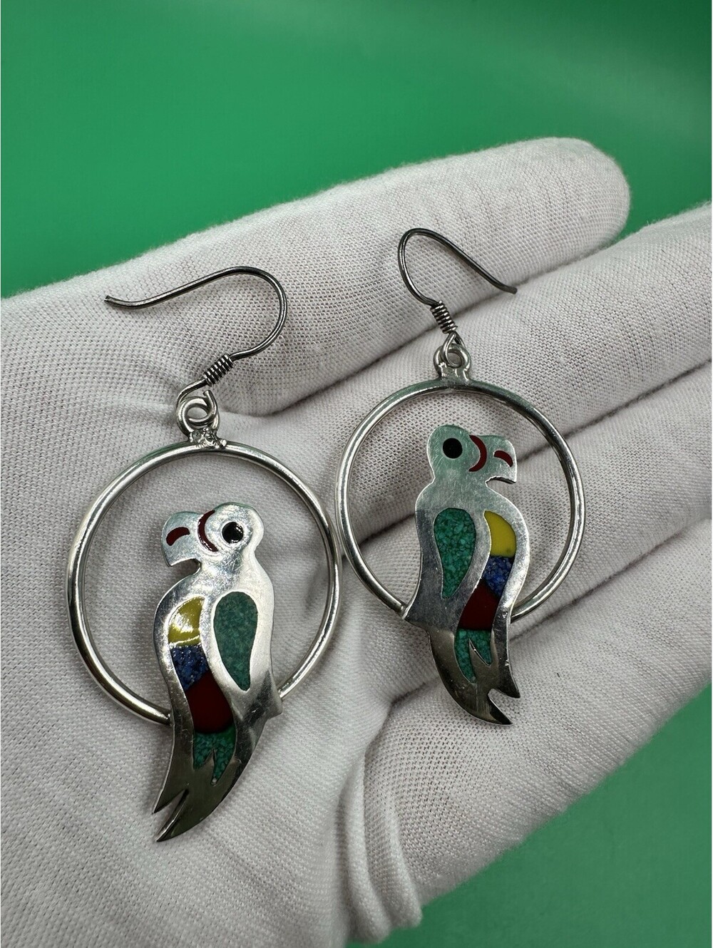 Vintage Mexico Sterling Silver 925 Parrot Multicolor Stone Gem Earrings Dangle
